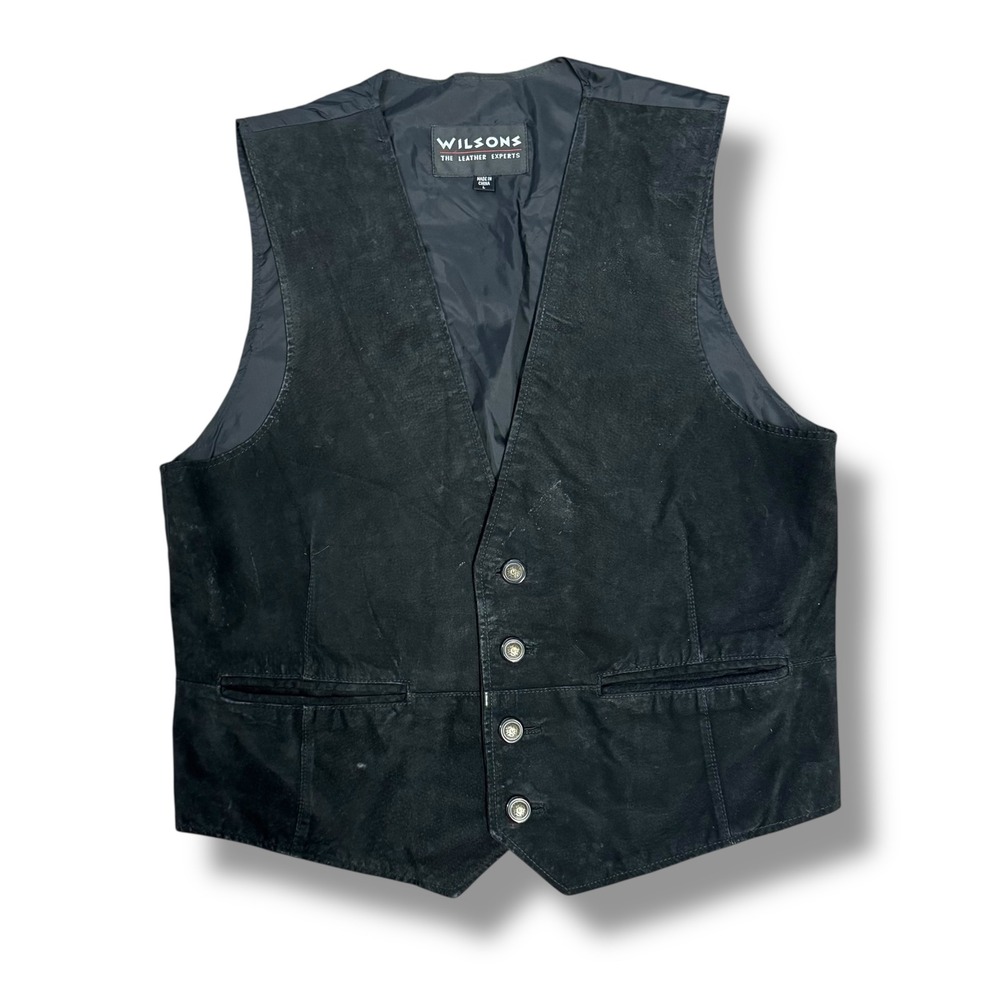Wilsons Leather Mens Black Suede Button Front Vest Adjustable‎ Back Cinch Large